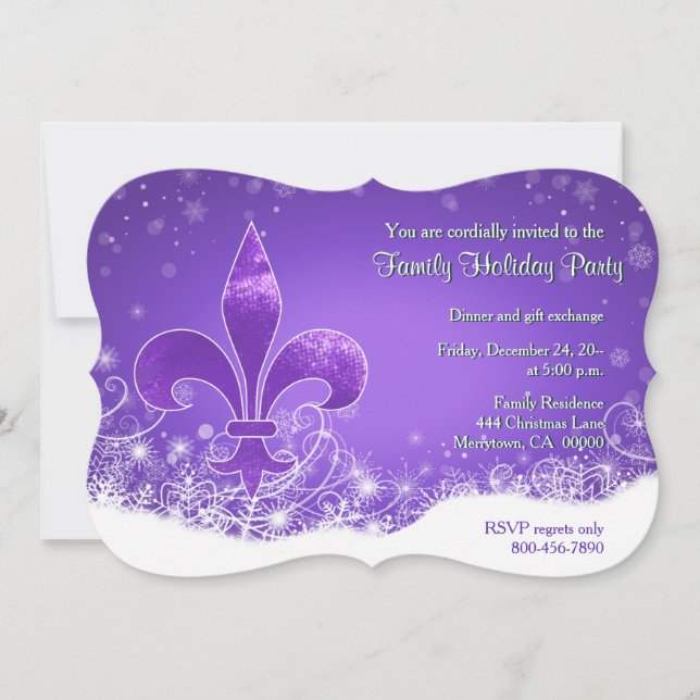 Fleur and Snowflake Purple Holiday Invitation (Front)
