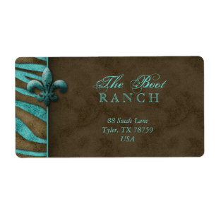 Fleur de Lis Address Label Blue Brown Zebra Suede