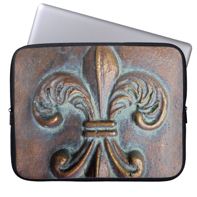 Fleur De Lis, Aged Copper-Look Printed Laptop Sleeve (Front)