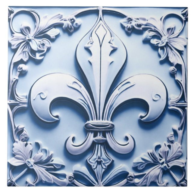 Fleur de Lis Antique Light Blue Faux Relief Tile (Front)