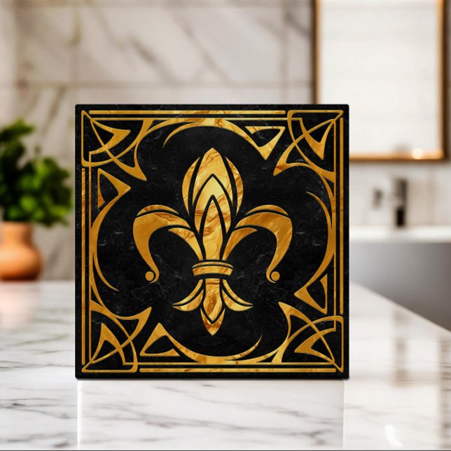 Fleur-De-Lis - Art Nouveau -Black Marble and Gold Tile (Creator Uploaded)