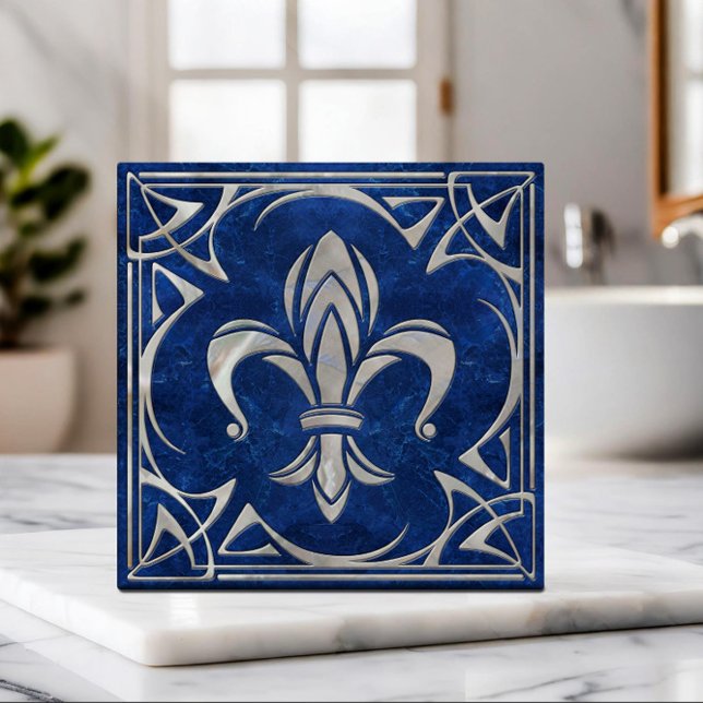 Fleur-De-Lis - Art Nouveau - Blue Marble and pearl Tile (Creator Uploaded)