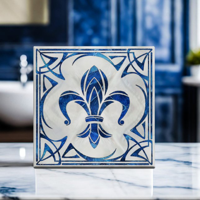 Fleur-De-Lis - Art Nouveau - Blue Marble and pearl Tile (Creator Uploaded)