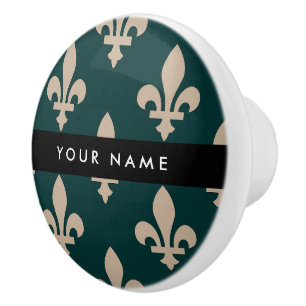Fleur de Lis, Beige on Green, Royal, Your Name Ceramic Knob