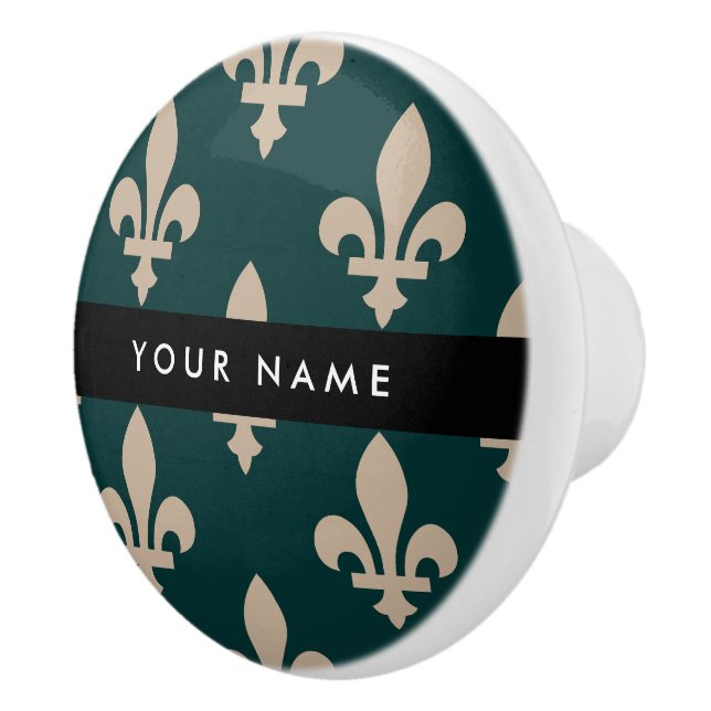 Fleur de Lis, Beige on Green, Royal, Your Name Ceramic Knob (Right)