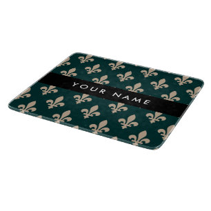 Fleur de Lis, Beige on Green, Royal, Your Name Cutting Board