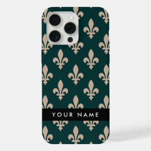 Fleur de Lis, Beige on Green, Royal, Your Name iPhone 15 Pro Max Case