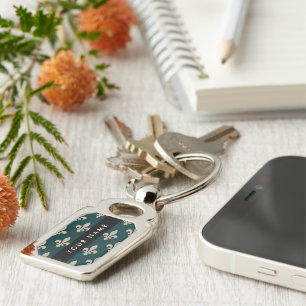 Fleur de Lis, Beige on Green, Royal, Your Name Key Ring