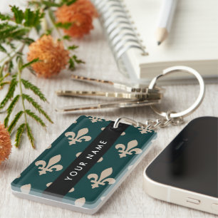 Fleur de Lis, Beige on Green, Royal, Your Name Key Ring