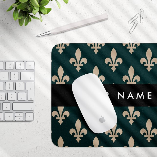 Fleur de Lis, Beige on Green, Royal, Your Name Mouse Pad (Creator Uploaded)