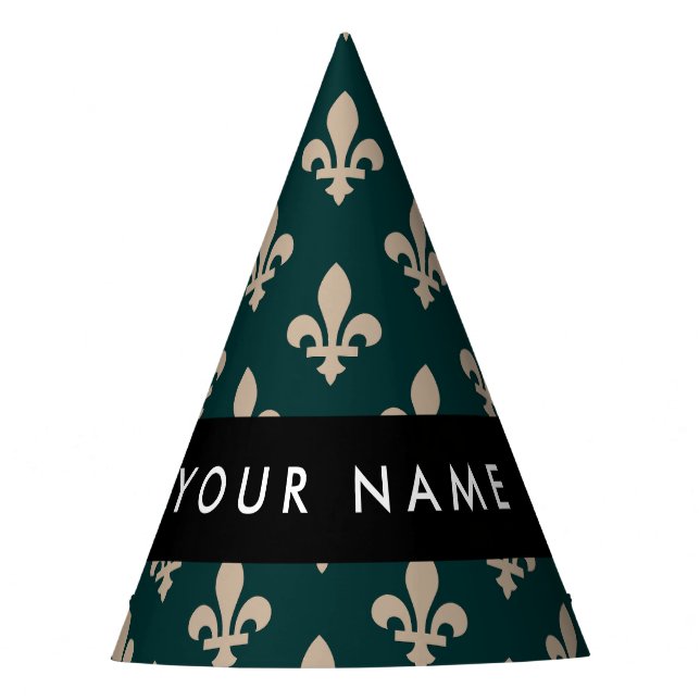 Fleur de Lis, Beige on Green, Royal, Your Name Party Hat (Front)