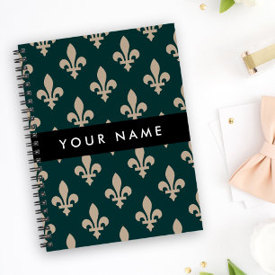 Fleur de Lis, Beige on Green, Royal, Your Name Planner