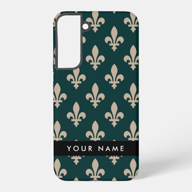 Fleur de Lis, Beige on Green, Royal, Your Name Samsung Galaxy S22+ Case (Back)