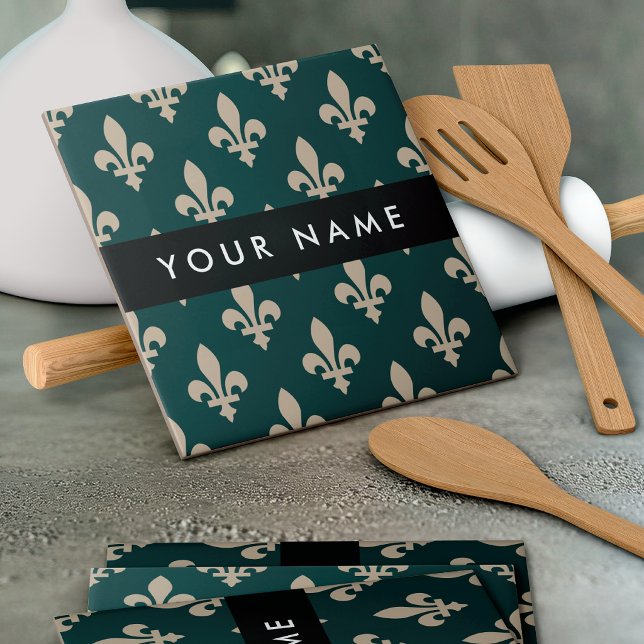 Fleur de Lis, Beige on Green, Royal, Your Name Tile (Creator Uploaded)