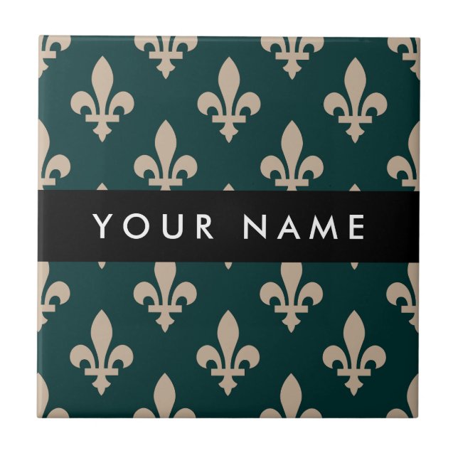 Fleur de Lis, Beige on Green, Royal, Your Name Tile (Front)