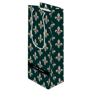 Fleur de Lis, Beige on Green, Royal, Your Name Wine Gift Bag