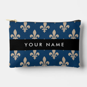 Fleur de Lis, Beige on Navy Blue, Royal, Your Name Accessory Pouch