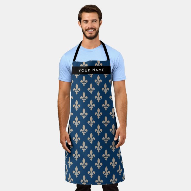 Fleur de Lis, Beige on Navy Blue, Royal, Your Name Apron (Worn)
