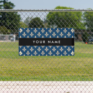 Fleur de Lis, Beige on Navy Blue, Royal, Your Name Banner