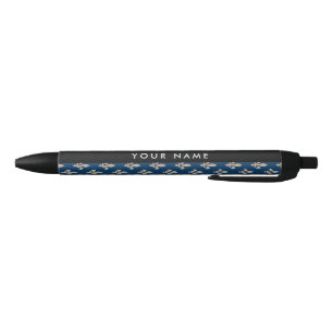 Fleur de Lis, Beige on Navy Blue, Royal, Your Name Black Ink Pen