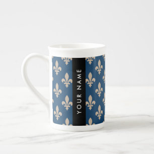Fleur de Lis, Beige on Navy Blue, Royal, Your Name Bone China Mug