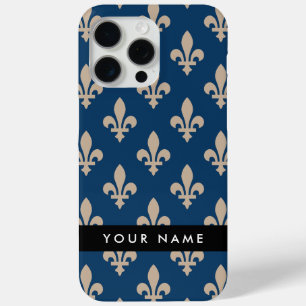 Fleur de Lis, Beige on Navy Blue, Royal, Your Name iPhone 15 Pro Max Case