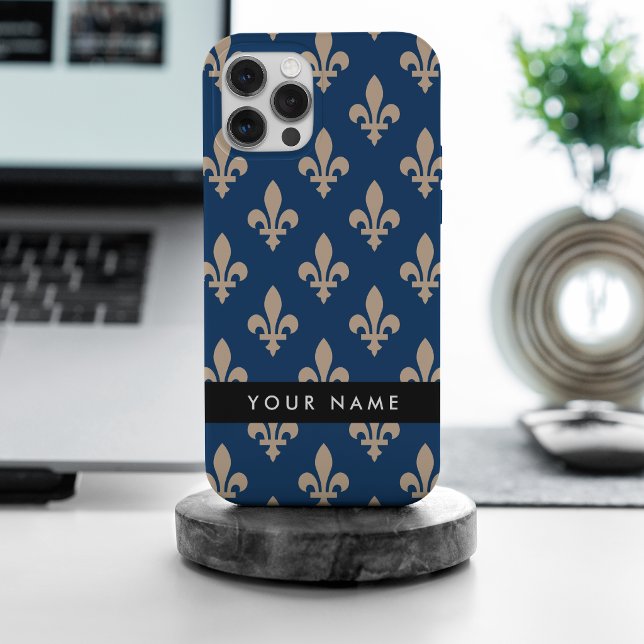 Fleur de Lis, Beige on Navy Blue, Royal, Your Name Case-Mate iPhone Case (Creator Uploaded)