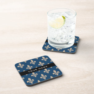 Fleur de Lis, Beige on Navy Blue, Royal, Your Name Coaster