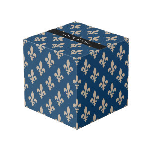 Fleur de Lis, Beige on Navy Blue, Royal, Your Name Cube