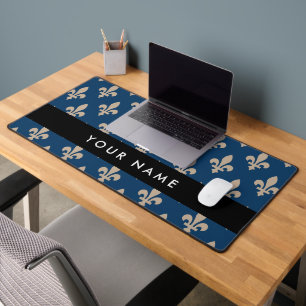 Fleur de Lis, Beige on Navy Blue, Royal, Your Name Desk Mat