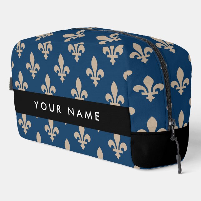 Fleur de Lis, Beige on Navy Blue, Royal, Your Name Dopp Kit (Right Corner)