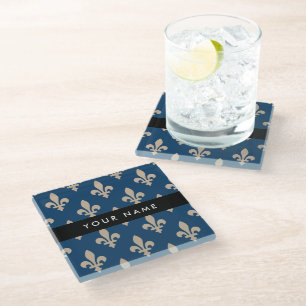 Fleur de Lis, Beige on Navy Blue, Royal, Your Name Glass Coaster