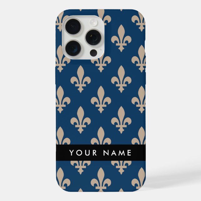 Fleur de Lis, Beige on Navy Blue, Royal, Your Name iPhone Case (Back)