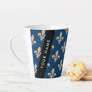 Fleur de Lis, Beige on Navy Blue, Royal, Your Name Latte Mug
