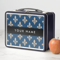 Fleur de Lis, Beige on Navy Blue, Royal, Your Name