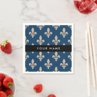 Fleur de Lis, Beige on Navy Blue, Royal, Your Name