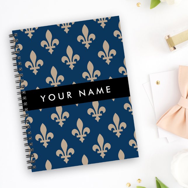 Fleur de Lis, Beige on Navy Blue, Royal, Your Name Notebook (Creator Uploaded)