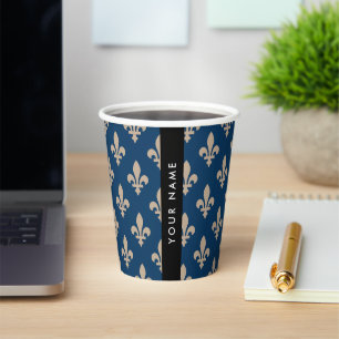 Fleur de Lis, Beige on Navy Blue, Royal, Your Name Paper Cups