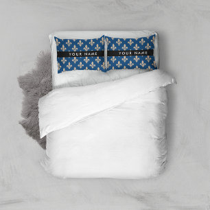 Fleur de Lis, Beige on Navy Blue, Royal, Your Name Pillowcase