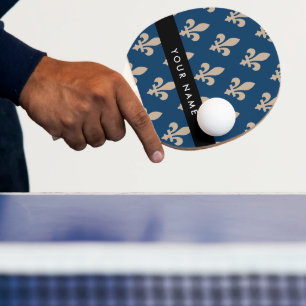 Fleur de Lis, Beige on Navy Blue, Royal, Your Name Ping Pong Paddle