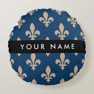 Fleur de Lis, Beige on Navy Blue, Royal, Your Name Round Cushion