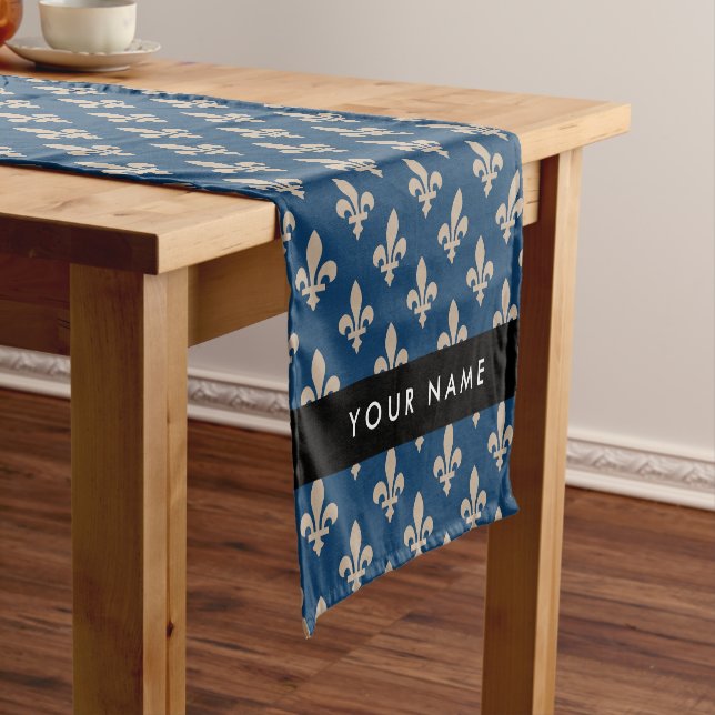 Fleur de Lis, Beige on Navy Blue, Royal, Your Name Short Table Runner (In Situ)