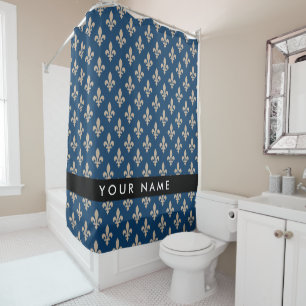 Fleur de Lis, Beige on Navy Blue, Royal, Your Name Shower Curtain