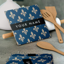 Fleur de Lis, Beige on Navy Blue, Royal, Your Name