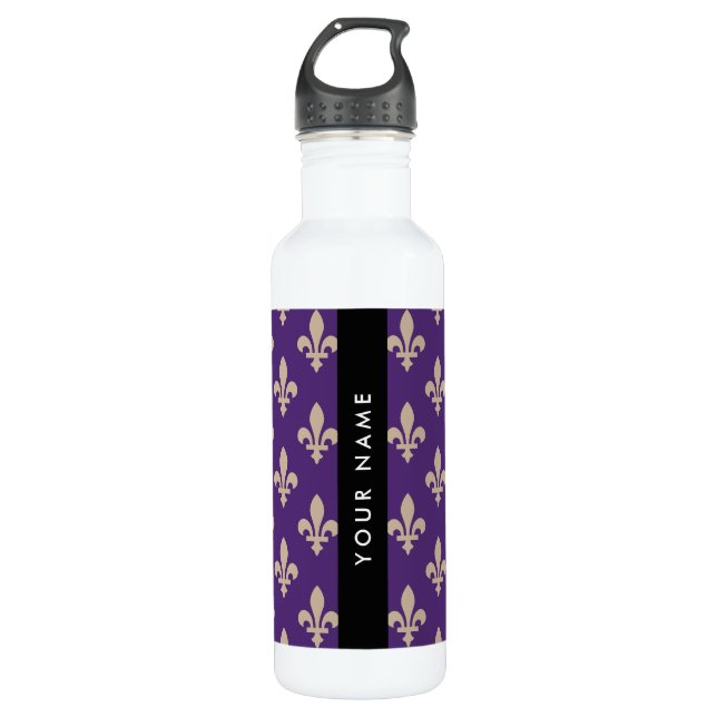 Fleur de Lis, Beige on Purple, Royal, Your Name 710 Ml Water Bottle (Front)
