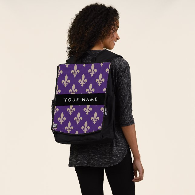 Fleur de Lis, Beige on Purple, Royal, Your Name Backpack (Worn)