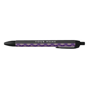 Fleur de Lis, Beige on Purple, Royal, Your Name Black Ink Pen
