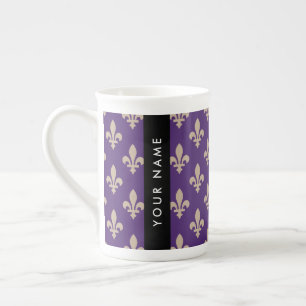 Fleur de Lis, Beige on Purple, Royal, Your Name Bone China Mug