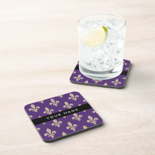 Fleur de Lis, Beige on Purple, Royal, Your Name Coaster