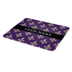 Fleur de Lis, Beige on Purple, Royal, Your Name Cutting Board